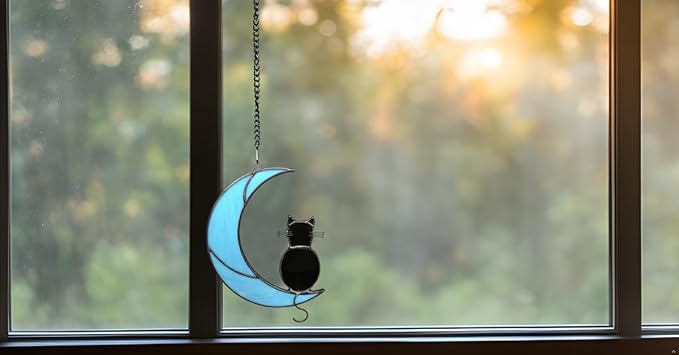 Black Cat Stained Glass Suncatcher,Cat Memorial Gifts for Loss of Cat,Cat Mom Gifts,Cat Sympathy Gifts for Cat Lovers,Window Hanging Ornament-VerdiqueGarden