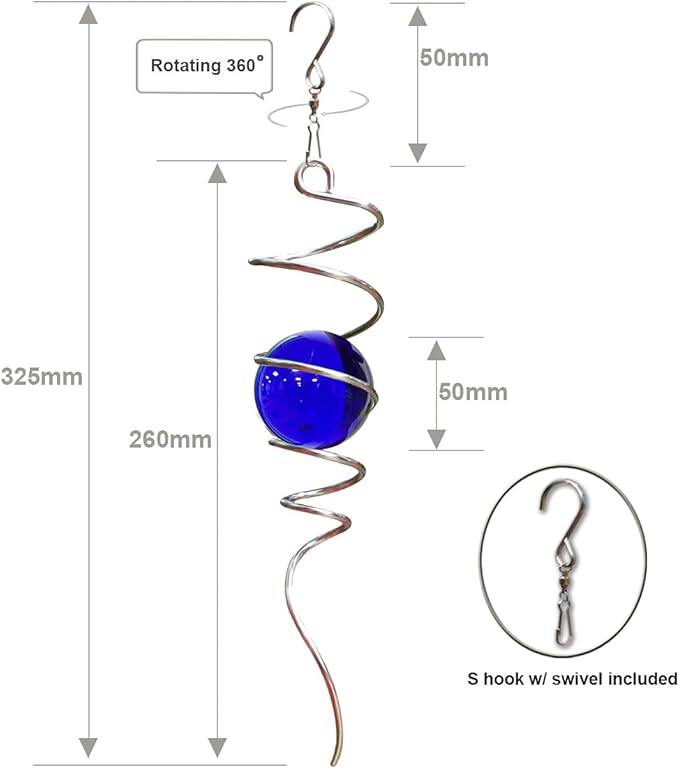 FONMY Gazing Ball Spiral Tail -Decorative Wind Spinner 11" inch Tail and 2" inch Blue Glass Orb. Indoor Outdoor Garden Decoration -13 inch Height-VerdiqueGarden