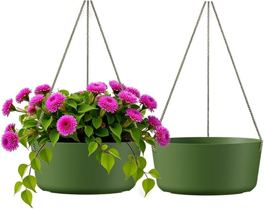 10.7 Inch Hanging Planter for Outdoor Indoor Plants，2 Pack Hanging Flower Pots with Drain Holes for Garden Home Decor Use (Dark Green)-VerdiqueGarden
