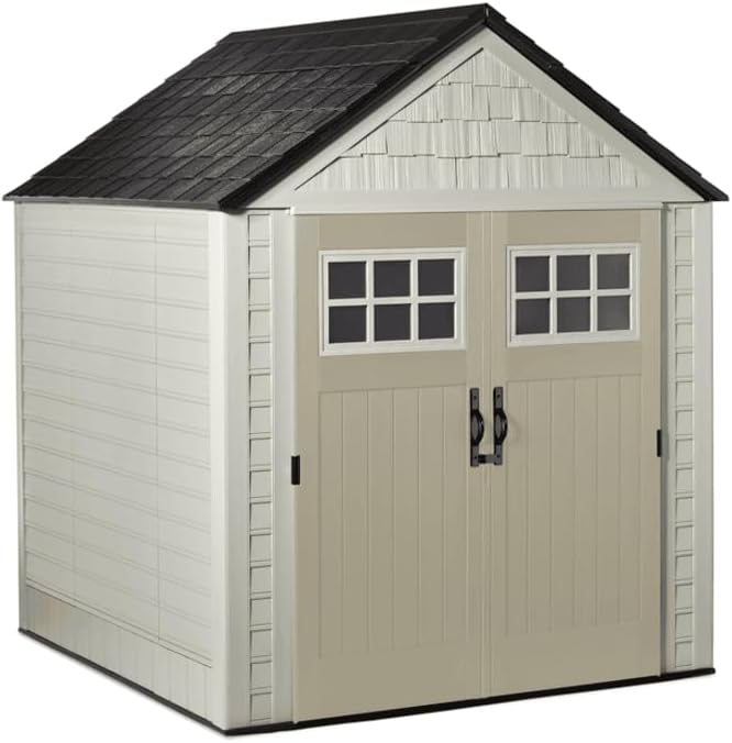 Rubbermaid 7 Foot by 7 Foot Weatherproof Outdoor Storage Shed for Garden Tools and Lawn Machinery Organization with Lockable Double Door Sandstone-VerdiqueGarden