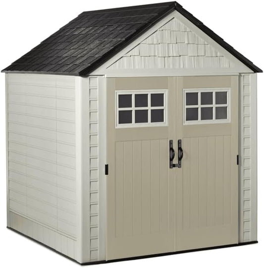 Rubbermaid 7 Foot by 7 Foot Weatherproof Outdoor Storage Shed for Garden Tools and Lawn Machinery Organization with Lockable Double Door Sandstone-VerdiqueGarden