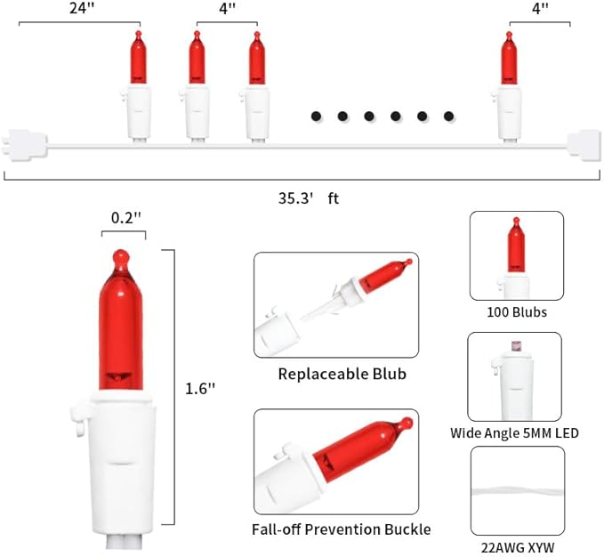 Red LED Christmas Lights - 100 Count Red Christmas String Lights for Tree, Party, Bedroom, Wedding, Indoor and Outdoor Valentines Day Decorations, 33 Feet White Wire, UL Certified, Connectable-VerdiqueGarden