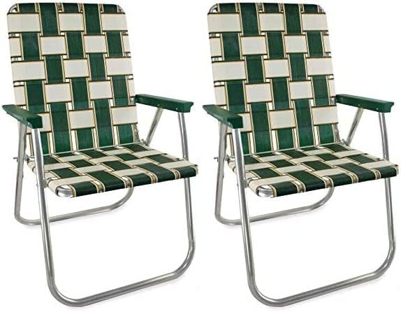 Lawn Chair USA - Outdoor Chairs for Camping. Made with Lightweight Aluminum Frames and UV-Resistant Webbing. Folds for Easy Storage 2- Pack (Charleston with Green Arms, Classic)-VerdiqueGarden