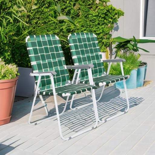 VINGLI Patio Lawn Webbed Folding Chairs Set of 4, Outdoor Beach Chair Portable Dining Chair for Outdoor Yard, Garden (Dark Green, Classic)-VerdiqueGarden