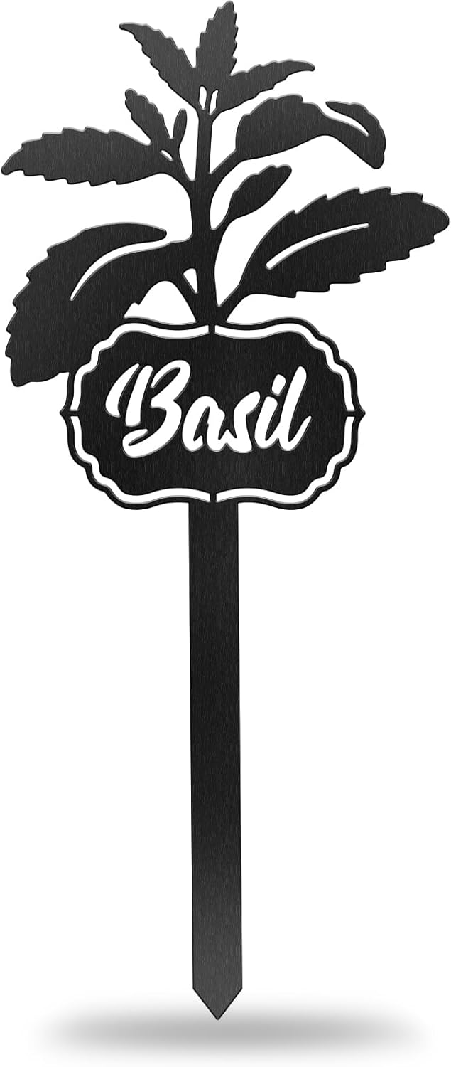 CUTHOLLOW Metal Plant Marker Stake Basil for Outdoor Indoor, Waterproof 11.8 inch Cute Garden Plant Labels Sign Tag for Vegetables, Farmhouse Greenhouse Decor - Funny Gardening Gifts-VerdiqueGarden