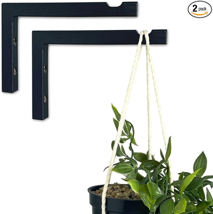 2-Piece Set of Plant Hooks for Wall 6 Inch - L-Shaped Mounted Wooden Plant Hook - Indoor and Outdoor Bracket Plant Hanger for Planters, Lanterns, Bird Feeders and Plant Basket (Black)-VerdiqueGarden