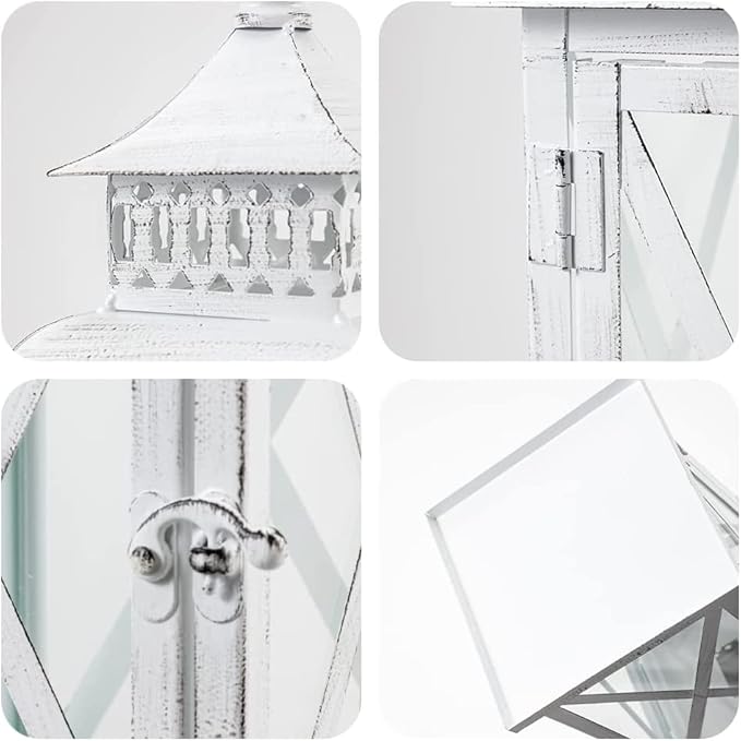 DECORKEY Lantern Decorative Indoor & Outdoor, Large Square Hanging Spring Home Decor, Vintage Metal Decorative Candle Lanterns for Outdoor Patio Wedding Party White with Black Brush-VerdiqueGarden