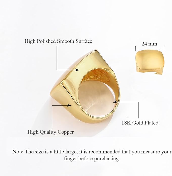 Gold and Silver Rings for Women, Chunky Signet Statement Rings Gold Plated Band Ring Wide Metal Square Rings Cocktail Costume Jewelry