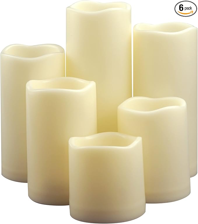 Waterproof Outdoor Battery Operated Flameless Pillar Candles with Timer White Plastic Realistic Flickering Fake Electric LED Lights for Lantern Garden Wedding Christmas Decorations 6 Pack-VerdiqueGarden