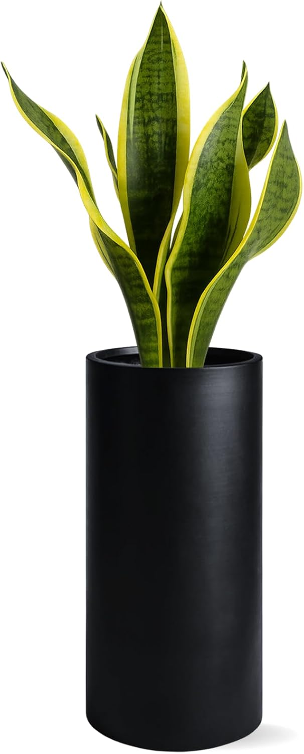 19.5"H x 9.8"D Tubo Fiberstone Cylinder Tall Planter with Drainage Hole, Smooth Finishes, Weather Resistant for Indoor and Outdoor Use, Included 2 Extra Coco Mats (Black, 8.2" Pot Opening)-VerdiqueGarden