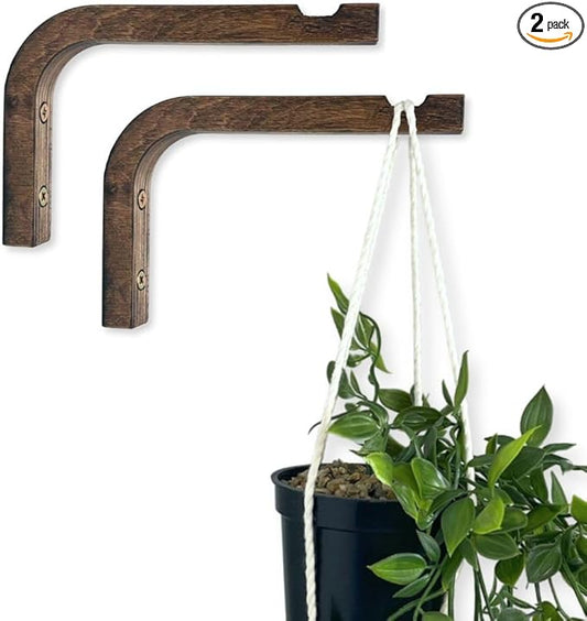 2-Piece Set of Plant Hooks for Wall 6 Inch - Mounted Wooden Plant Hook - Indoor and Outdoor Bracket Plant Hanger for Planters, Lanterns, Bird Feeders, Patio Decorations (Walnut)-VerdiqueGarden