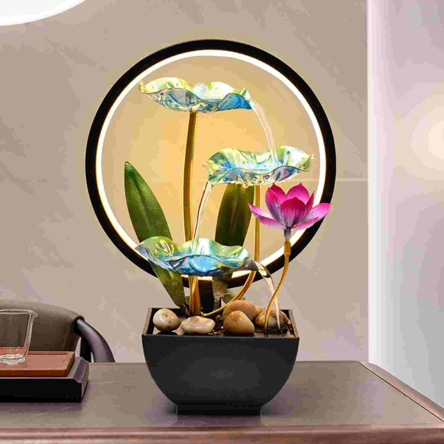 Indoor Tabletop Tiered Water Fountain 3 Level Tabletop Waterfall Meditation Fountain Includes Many Natural River Rocks LED Lights Relaxing Small Water Feature for Desk or Home Decor-VerdiqueGarden