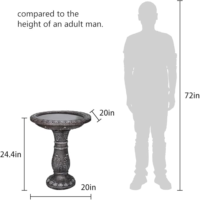 24.4" H Cement Bird Bath for Garden- Fibre Reinforced Concrete Bird Baths for Outdoors, Large Size Vintage Carved Pedestal Birdbath for Patio, Yard, Lawn -20”Dia. X 24.4”H Bird Fountain-VerdiqueGarden
