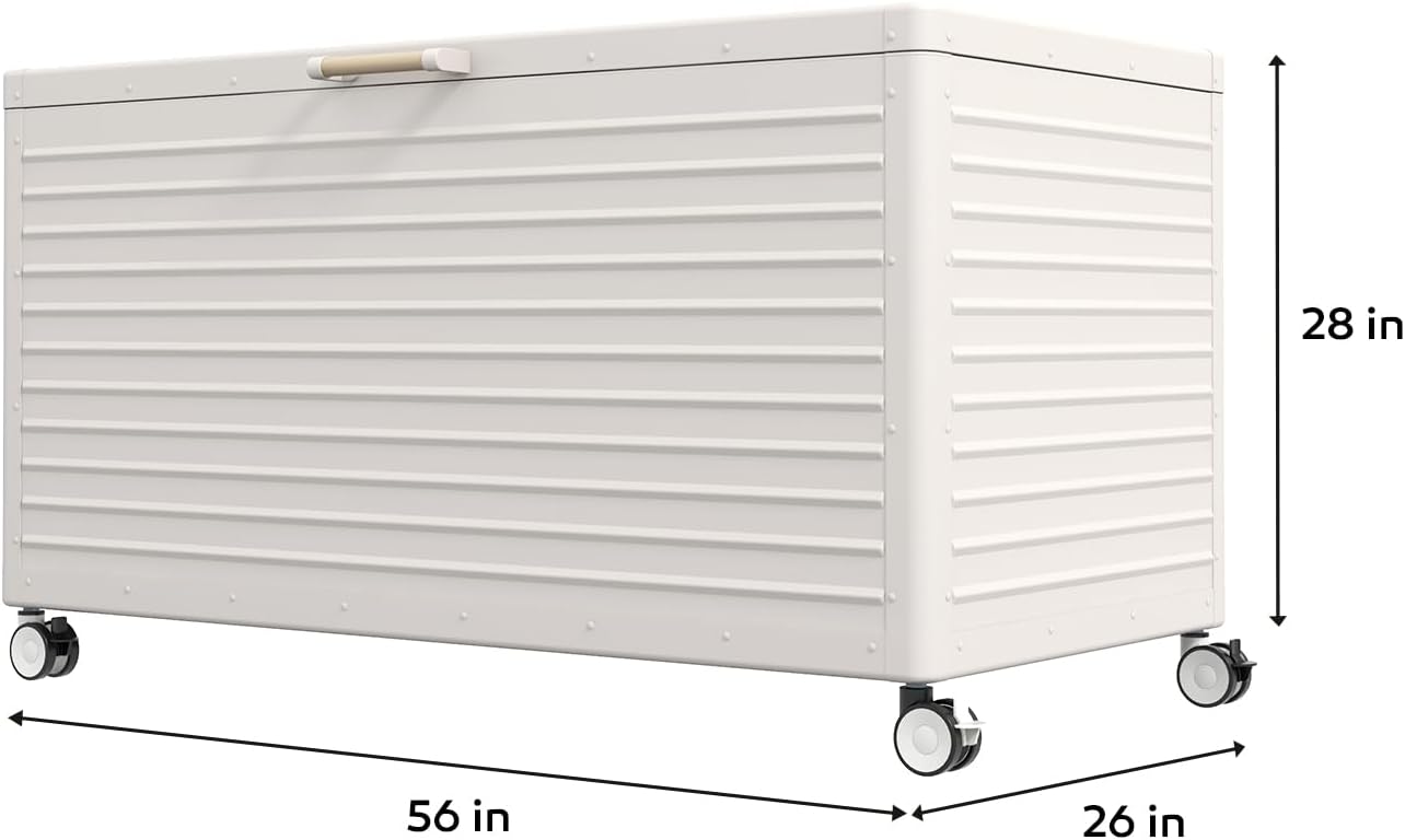 175 Gallon Outdoor Storage Box Waterproof with Wheels, Metal Deck Box for Patio Furniture, Garden Tools, Outdoor Cushion, Latte-VerdiqueGarden