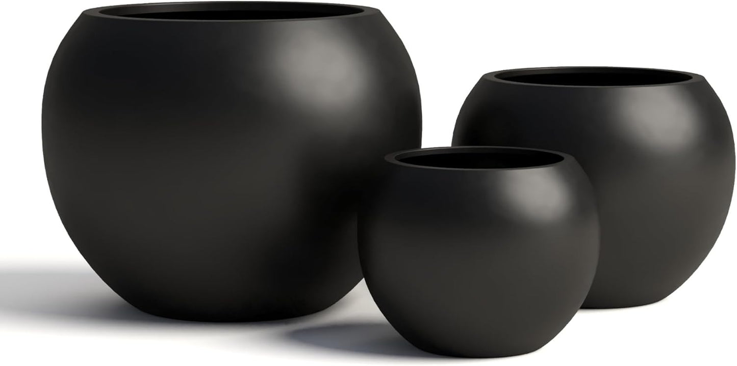 DTY Signature Mount Sherman Lightweight Durable Modern Fiberstone Sphere Planter for Indoor & Outdoor Drainage Hole & Rubber Plug Weather Resistant, 17" H x 21" Dia 14.4" Pot Opening - Large, Black-VerdiqueGarden