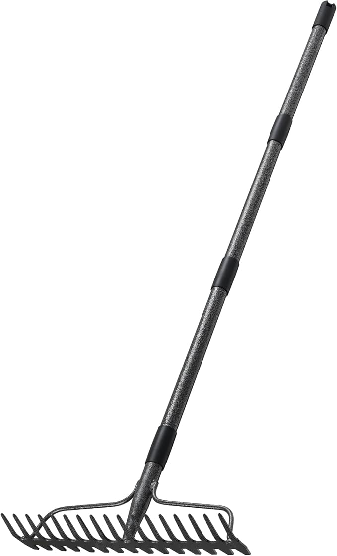 77'' Bow Rake ，17 Tines Metal Head Rakes with Stainless Steel Handle，Heavy Duty Garden Rake for Loosening Soil Gathering Leaf Leveling Lawn Farming Land Management Yarn Thatch Rake-VerdiqueGarden