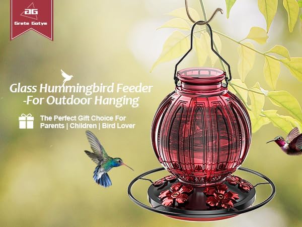 Glass Hummingbird Feeder for Outdoors Hanging, 26Oz Bird Nectar Feeder with Perch & 5 Flower Feeding Ports, Leak Proof for Outside Garden Decor Backyard, Gifts for Women Mom, Red-VerdiqueGarden