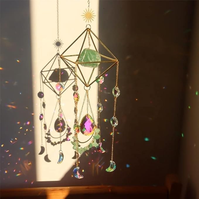 Crystal Suncatchers for Windows, Green Fluorite Gemstone Sun Catcher Hanging, Spiritual, Rainbow Maker, Crystal Boho Decor Indoor Outdoor, Natural Stone (Green Fluorite)-VerdiqueGarden