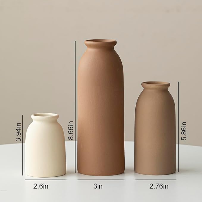 Ceramic Vase Set-3, Small Flower Vases for Decor, Modern Boho Farmhouse Style, Decorative Vases for Pampas Grass & Dried Flowers, Distressed Finish (Earth Tone)-VerdiqueGarden