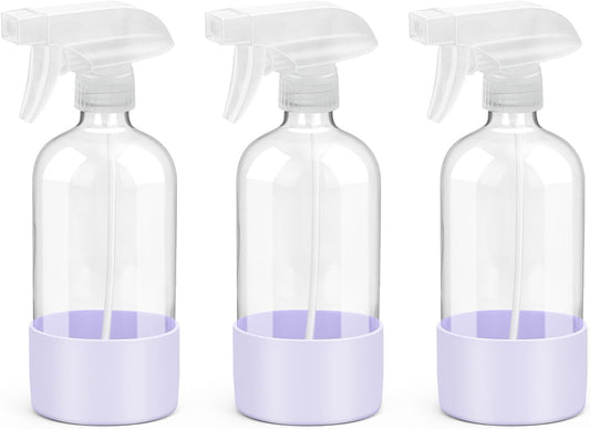 Glass Spray Bottles with Silicone Sleeve Protection, Empty 16 oz Refillable Containers, Reusable Spray Bottles with Adjustable Nozzle for Hair, Cleaning Solutions, 3 Pack Purple-VerdiqueGarden