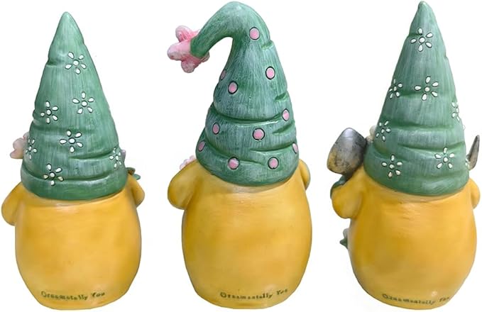 Garden Guardians Set of Three 6" Gardening Gnome Figurines, Floral Green and Yellow Statue Decor-VerdiqueGarden