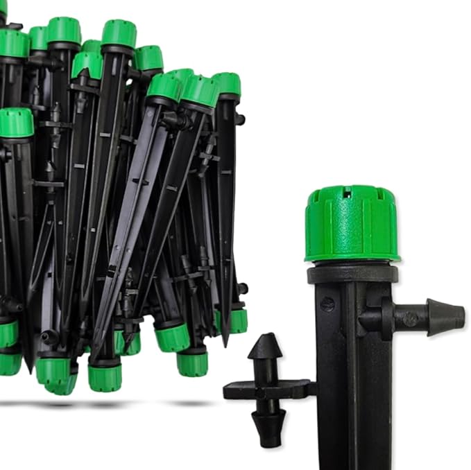 (100-PACK) - 1/4" Inch 360 Degree Drip Emitter On 6" Stake Sprayer Adjustable Flow 0-20 GPH, Fits 1/4 (4-6mm) Irrigation Tubing - Micro Bubbler Drippers for Drip Irrigation (50 Pack Dripper on Stake)-VerdiqueGarden