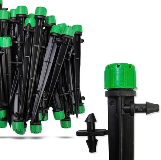 (100-PACK) - 1/4" Inch 360 Degree Drip Emitter On 6" Stake Sprayer Adjustable Flow 0-20 GPH, Fits 1/4 (4-6mm) Irrigation Tubing - Micro Bubbler Drippers for Drip Irrigation (50 Pack Dripper on Stake)-VerdiqueGarden