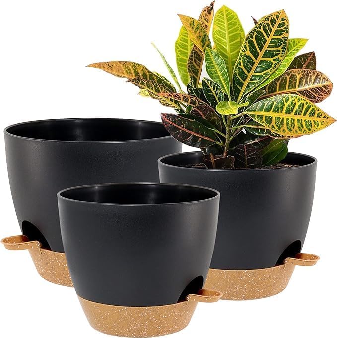 10/9/8 inch Self Watering Pots, Set of 3 Plastic Planters with Mesh Drainage Holes and Deep Reservoir for Indoor Outdoor Garden Plants and Flowers, Black with Brown-VerdiqueGarden
