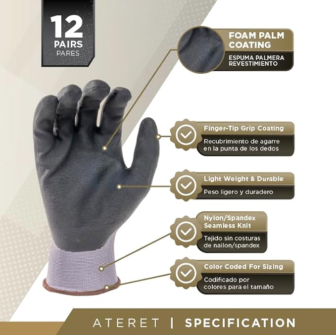 ATERET Work Gloves 12 Pairs Micro-Foam Nitrile Coated Safety Gloves, Seamless Knit Nylon Gloves Home Improvement General Use-VerdiqueGarden