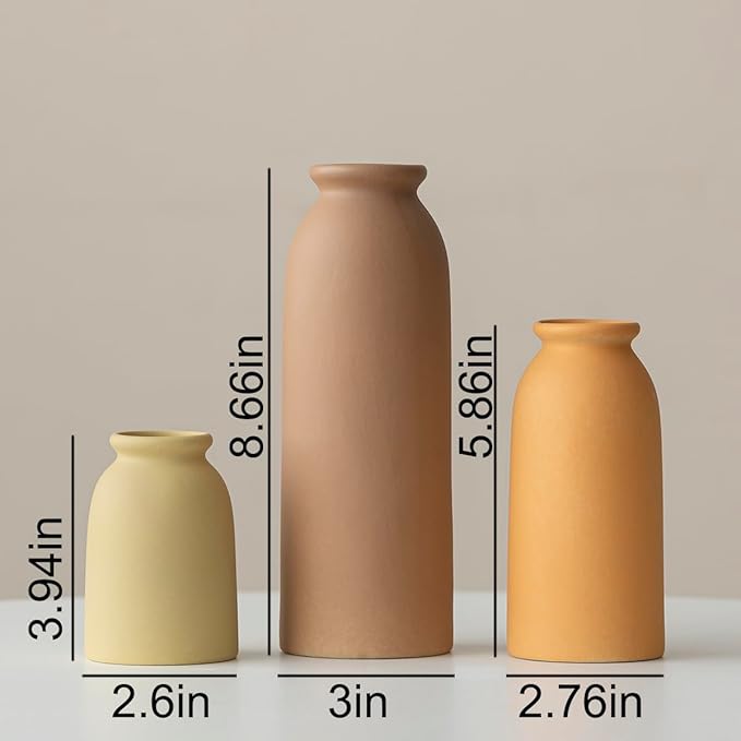 Ceramic Vase Set-3, Small Flower Vases for Decor, Modern Boho Farmhouse Style, Decorative Vases for Pampas Grass & Dried Flowers, Distressed Finish (Brown Mix)-VerdiqueGarden