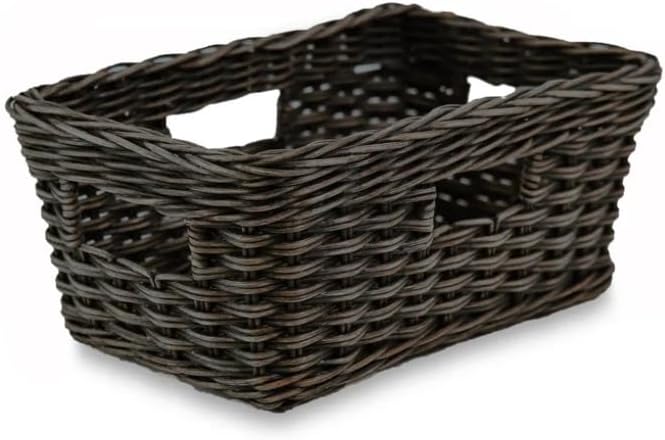 The Basket Lady Rectangular Low Wicker Storage Basket, Small, 12 in L x 8 in W x 5 in H, Antique Walnut Brown-VerdiqueGarden