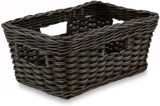The Basket Lady Rectangular Low Wicker Storage Basket, Small, 12 in L x 8 in W x 5 in H, Antique Walnut Brown-VerdiqueGarden