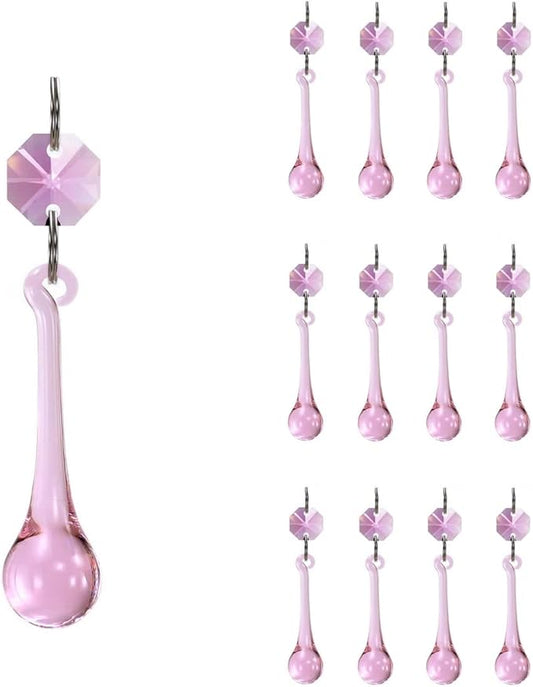 12pcs Raindrop Crystal Chandelier Prisms Parts, 53mm Hanging Crystals Beads for Chandeliers, Home Decoration (Pink)-VerdiqueGarden