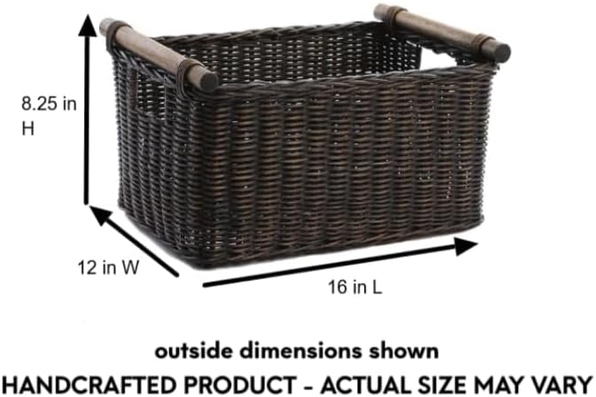 The Basket Lady Pole Handle Wicker Storage Basket, Medium, 16 in L x 12 in W x 8.25 in H, Antique Walnut Brown-VerdiqueGarden