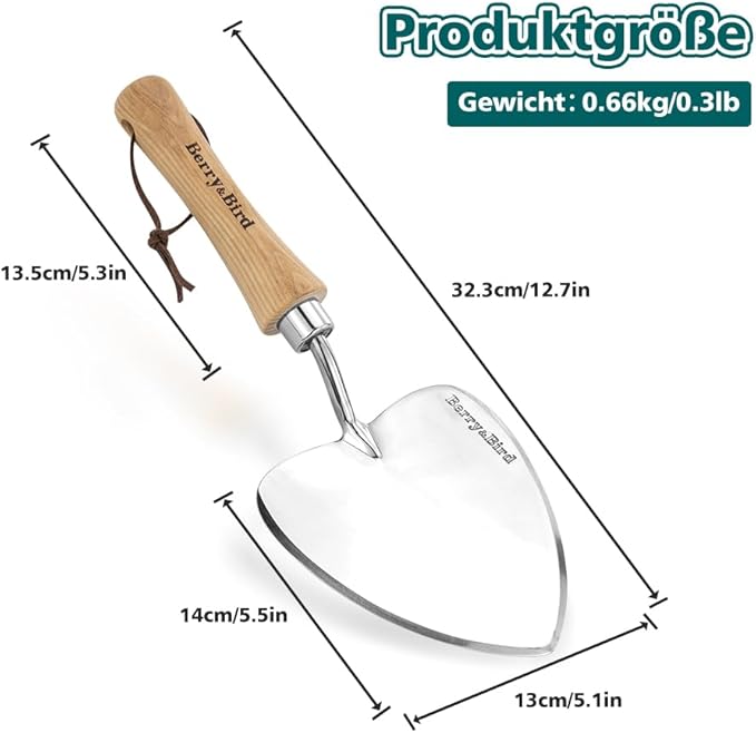 Berry&Bird Perennial Trowel, Oversized Garden Potting Trowel with Sharp Blade Wood Hand Shovel, Stainless Steel Planting Trowel Gardening Tool for Roots,Planting,Digging,Transplanting and Cutting-VerdiqueGarden