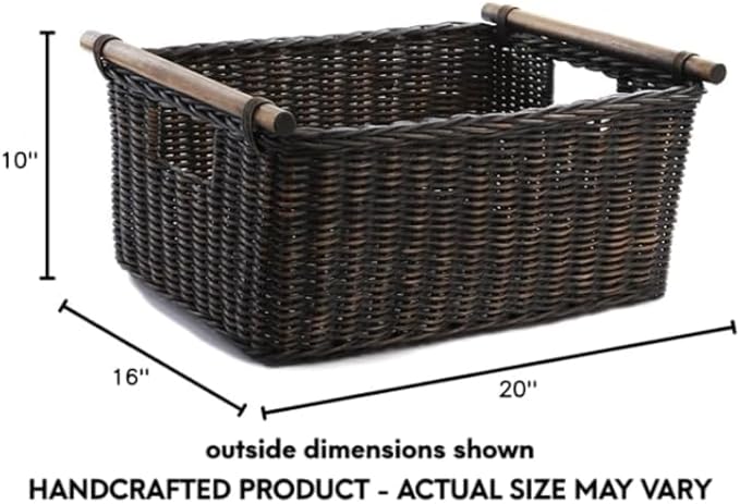 The Basket Lady Pole Handle Wicker Storage Basket, Extra Large, 20 in L x 16 in W x 10 in H, Antique Walnut Brown-VerdiqueGarden