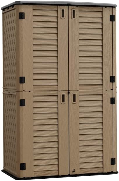 HOMSPARK Storage Shed Weather Resistance, Multi-Purpose Outdoor Storage Cabinet for Backyards and Patios, Horizontal Storage Shed for Lawnmower, Patio Accessories (Coffee, Tall - 53 cu.ft)-VerdiqueGarden