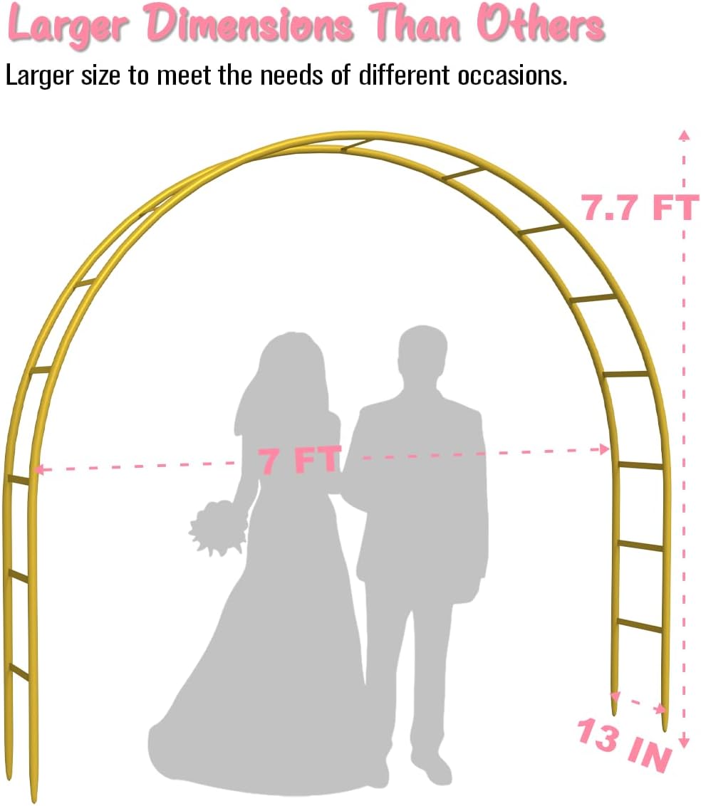 Queension Metal Arch Backdrop Stand 7Ft Wide 7.7Ft High, Wedding Arch Frame for Wedding Decorations, Balloon Arch Stand with Base for Ceremony, Outdoor Garden Arch Trellis for Climbing Plants, Gold-VerdiqueGarden