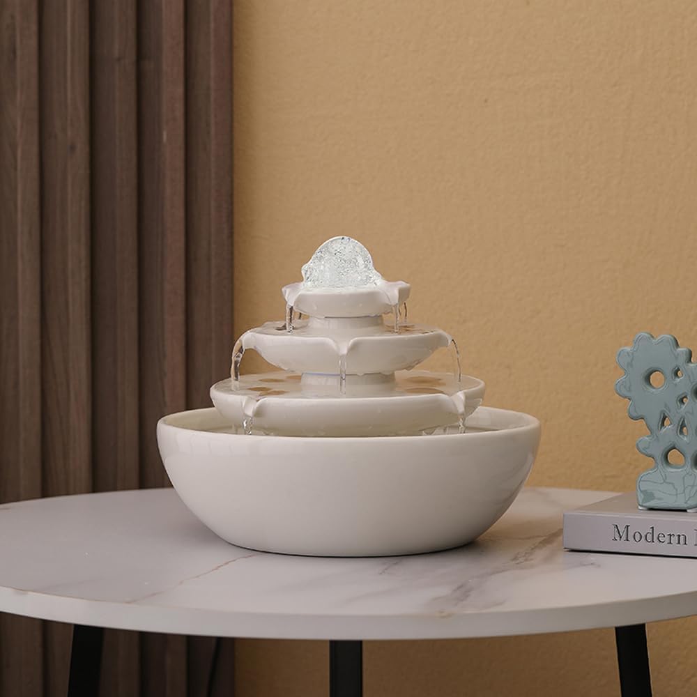 Indoor Tabletop Ceramic Fountain Water Feature Home Kitchen Office Decoration Modern Design Style (White)-VerdiqueGarden