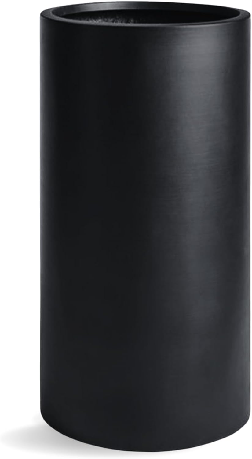 19.5"H x 9.8"D Tubo Fiberstone Cylinder Tall Planter with Drainage Hole, Smooth Finishes, Weather Resistant for Indoor and Outdoor Use, Included 2 Extra Coco Mats (Black, 8.2" Pot Opening)-VerdiqueGarden