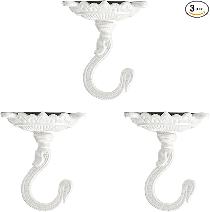 Sungmor Heavy Duty Ceiling Hooks - 3PC White Cast Iron Antique Decorative Hooks for Hanging Plants, Planters, Wind Chimes, Lanterns-VerdiqueGarden
