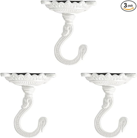 Sungmor Heavy Duty Ceiling Hooks - 3PC White Cast Iron Antique Decorative Hooks for Hanging Plants, Planters, Wind Chimes, Lanterns-VerdiqueGarden