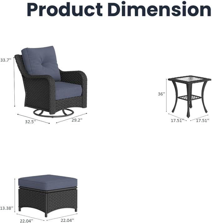 5 Pieces Outdoor Patio Furniture Sets with Rocking Swivel Chairs with 6-inch Thick Cushion and Side Table for Deck Lawn-VerdiqueGarden