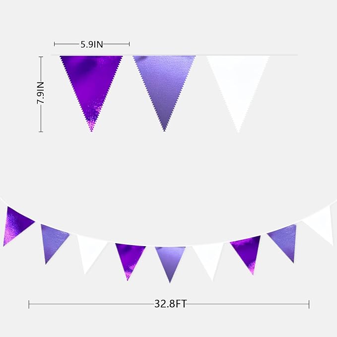 Purple and White Party Decorations Metallic Fabric Ombre Purple White Triangle Pennant Banner Flag Bunting for Graduation Birthday Engagement Wedding Bachelorette Lavender Lilac Violet Party Supplies-VerdiqueGarden