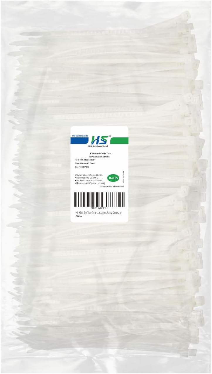 HS 1000 Pack Mini Zip Ties Clear Plastic Ties 4 Inch Bulk 4" White Cable Ties 18 Lb for Bag Tags,Electric,Lights,Party Decorate-VerdiqueGarden