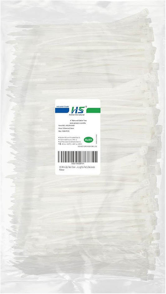 HS 1000 Pack Mini Zip Ties Clear Plastic Ties 4 Inch Bulk 4" White Cable Ties 18 Lb for Bag Tags,Electric,Lights,Party Decorate