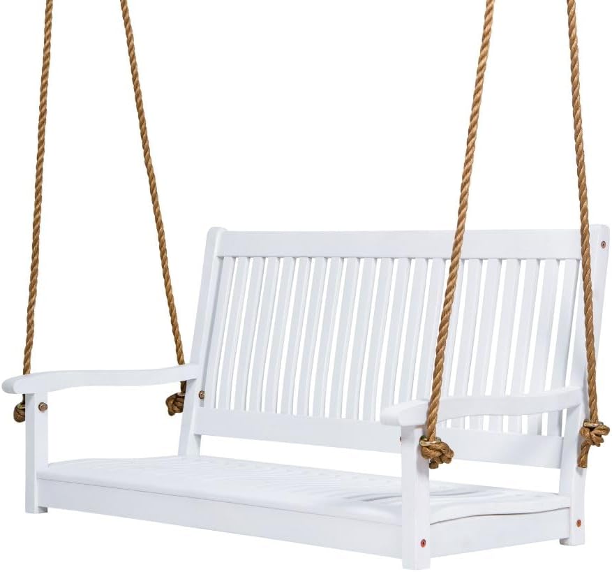 East Green Hayden 5 Foot White Porch Swing with Ropes - Outdoor Bench Swing Crafted from Naturally Weather-Resistant Acacia Wood-VerdiqueGarden