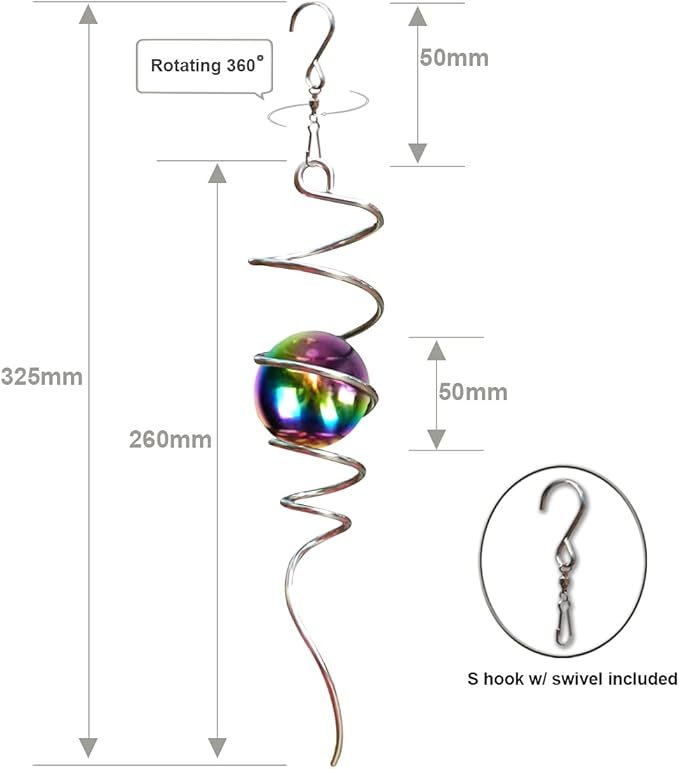 Fonmy Gazing Ball Spiral Tail -Decorative Wind Spinner 11 inch Tail and 2 inch Steel Orb. Indoor Outdoor Garden Decoration Silver Multi Color Ball -13 inch Height-VerdiqueGarden