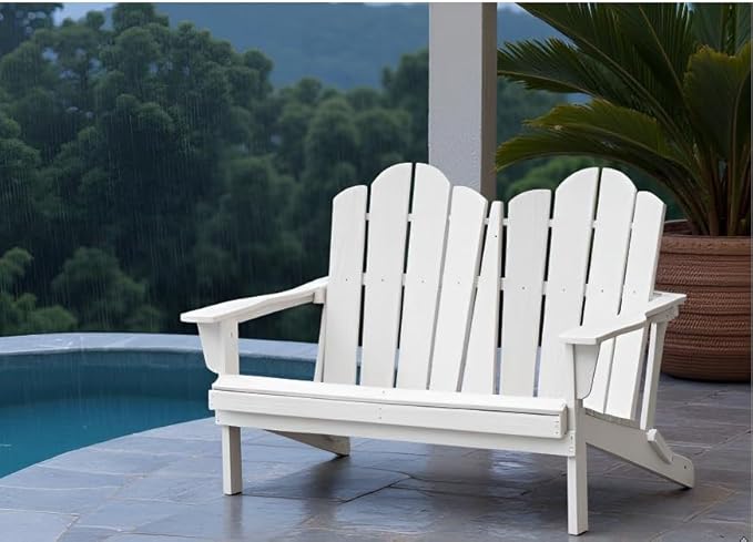 SERWALL Folding Adirondack Bench, HDPE All-Weather Adirondack Loveseat, 660 lbs Capacity, Foldable Outdoor Patio Bench for Deck, Lawn, Garden, White-VerdiqueGarden