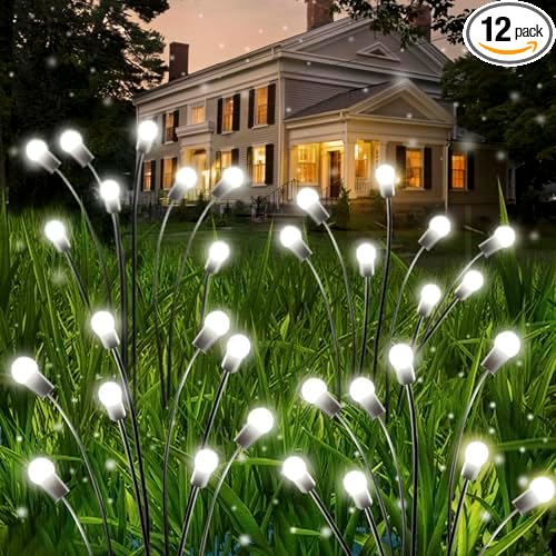 OZS Solar Garden Lights 12pack 96LED Solar Garden Lights - Solar Firefly Lights Outdoor, Solar Swaying Light, Sway by Wind, Solar Fairy Lights Waterproof for Pathway Decoration (Cool White)-VerdiqueGarden